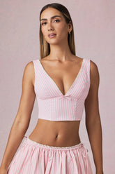 Bow-Detail Crop Top in Soft Mauve Stripe