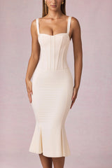 Layered Bra-Detail Fishtail Midaxi Dress in Ivory