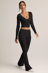 Modal Ribbed Foldover Flared Trousers in Black