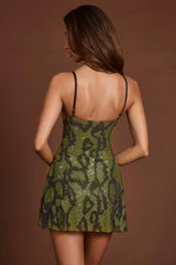 Embellished Cowl Neck A-line Mini Dress in Green Snake