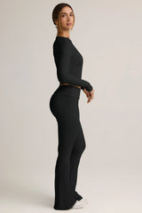 Modal Ribbed Foldover Flared Trousers in Black