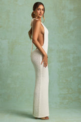 Bouclé Halterneck Maxi Dress in White
