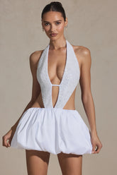 Embellished Cut-Out Bubble Hem Mini Dress in White