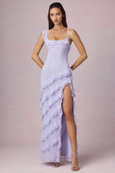 Asymmetric Ruffled Lace-Up Gown in Lilac
