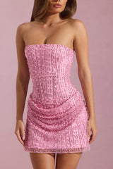 Embellished Draped Strapless A-Line Mini Dress in Pink