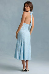 Halterneck Midaxi Dress in Blue Flower Print