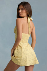 Halterneck A-Line Mini Dress in Yellow Flower Print