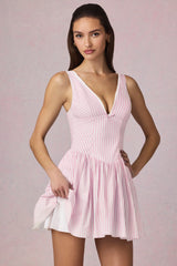 Bow-Detail A-Line Mini Dress in Soft Mauve Stripe
