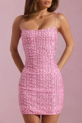 Embellished Scoop-Neck Bodycon Mini Dress in Pink