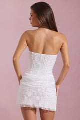 Embellished Draped Strapless A-Line Mini Dress in White