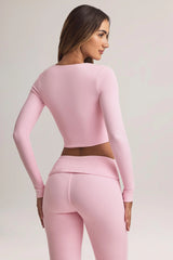 Modal Ribbed Cropped Cardigan in Pastel Pink