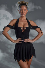 Lace Up Halter Neck Mini Dress in Black