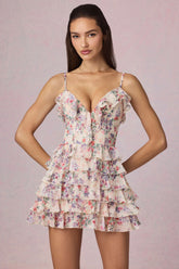 Ruffled Lace-Up A-Line Mini Dress in Primrose Floral Print