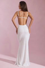 Embellished Cowl-Neck Backless Maxi Dress in White