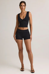 Modal Ribbed Mid-Rise Foldover Shorts in Black