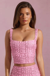 Embellished Square-Neck Crop Top in Pink