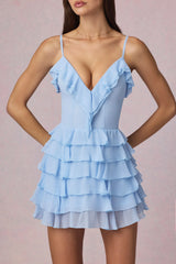 Ruffled Lace-Up A-Line Mini Dress in Powder Blue
