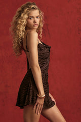 Devoré One-Sleeve A-Line Mini Dress in Dark Chocolate