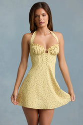Halterneck A-Line Mini Dress in Yellow Flower Print
