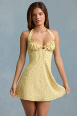 Halterneck A-Line Mini Dress in Yellow Flower Print