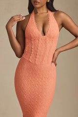 Halterneck Corset Lace Midaxi Dress in Peach