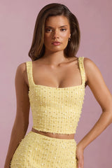 Embellished Square-Neck Crop Top in Yellow
