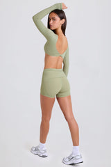 Four-Way Stretch Foldover Mid-Rise Mini Shorts in Matcha