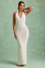 Bouclé Halterneck Maxi Dress in White