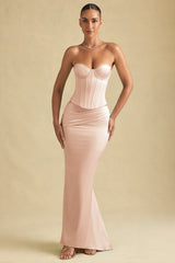 Draped Low-Rise Maxi Skirt in Beige Gold