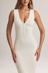 Modal Button-Detail Maxi Dress in White