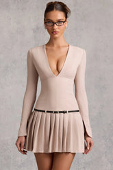 Long-Sleeve Pleated Mini Dress in Mushroom