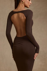 Modal Ruched Backless Maxi Dress in Chocolate Brown