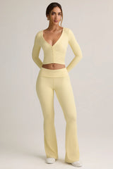 Modal Ribbed Foldover Flared Trousers in Buttercream Yellow