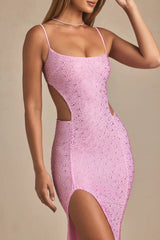 Embellished Cut-Out Fishtail Maxi Dress in Peony Pink