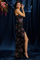 Bandeau Cowl-Neck Maxi Dress in Black Floral Print