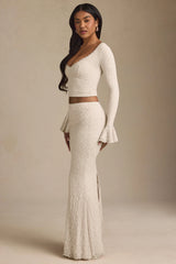 Draped Low-Rise Lace Maxi Skirt in Ivory