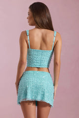 Embellished Square-Neck Crop Top in Aqua Blue