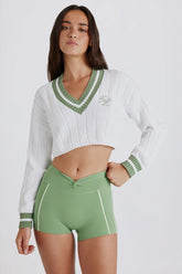 Cable Knit Cotton Cropped Jumper in Green Ivory