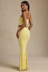Draped Low-Rise Lace Maxi Skirt in Pastel Yellow