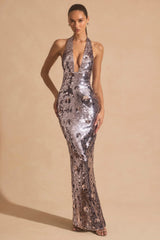 Sequin-Embellished Halterneck Maxi Dress in Silver