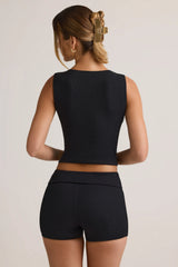 Modal Ribbed Mid-Rise Foldover Shorts in Black