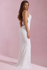 Embellished Cowl-Neck Backless Maxi Dress in White