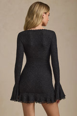 Long-Sleeve Ruffled Lace Mini Dress in Black