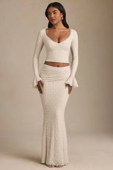 Draped Low-Rise Lace Maxi Skirt in Ivory