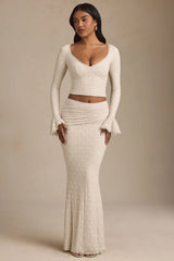 Draped Low-Rise Lace Maxi Skirt in Ivory