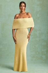 Bouclé Off-Shoulder Maxi Dress in Yellow