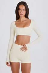 Four-Way Stretch Multiway Long-Sleeve Crop Top in Cream