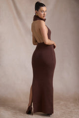 Ribbed-Knit Turtleneck Backless Maxi Dress in Espresso