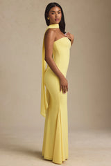 Scarf-Detail Strapless Gown in Pastel Yellow