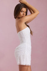 Embellished Draped Strapless A-Line Mini Dress in White